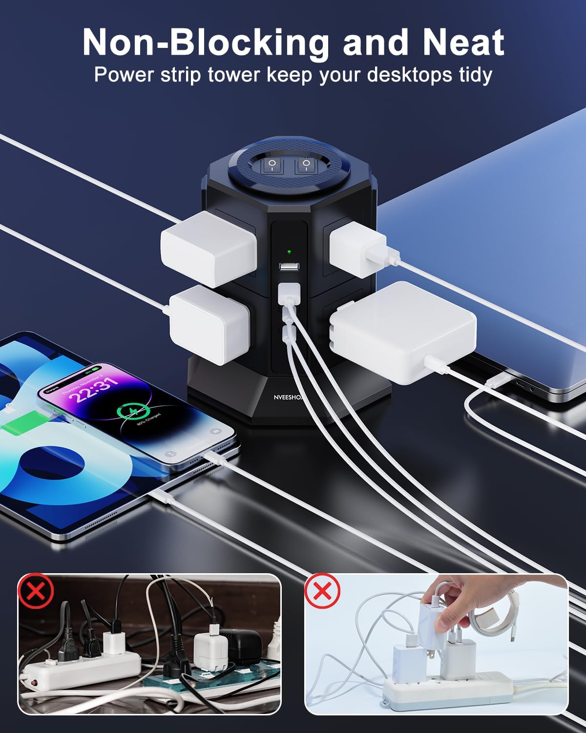 Surge Protector Power Strip with 4 USB Ports(2 Type C) 8 AC Outlets, 10 Ft Ultra Flat Extension Cord with Multiple Outlets, Ultra Flat Plug Power Strip, Desktop Outlet Extender for Home Office Dorm