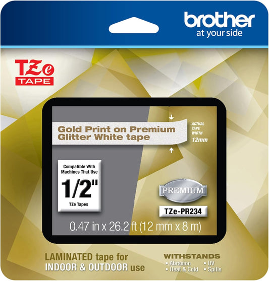 Brother P-touch TZe-PR234 Gold Print on Premium Glitter White Laminated Tape 12mm (0.47”) wide x 8m (26.2’) long, TZEPR234