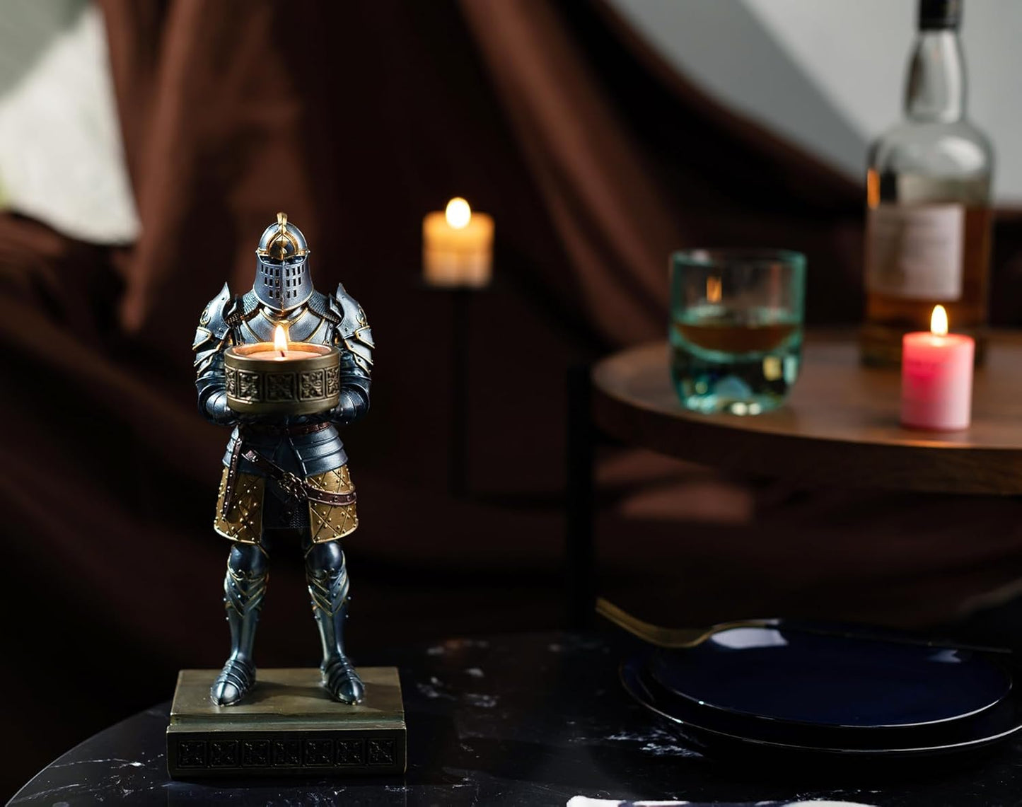 King's Guard Standup Knight Candlestick Holders Resin TeaLight Holder Warrior Mobile Phone Stand Pen Holder Candle Holder for Restaurant, Altar, Home Table(Blue)