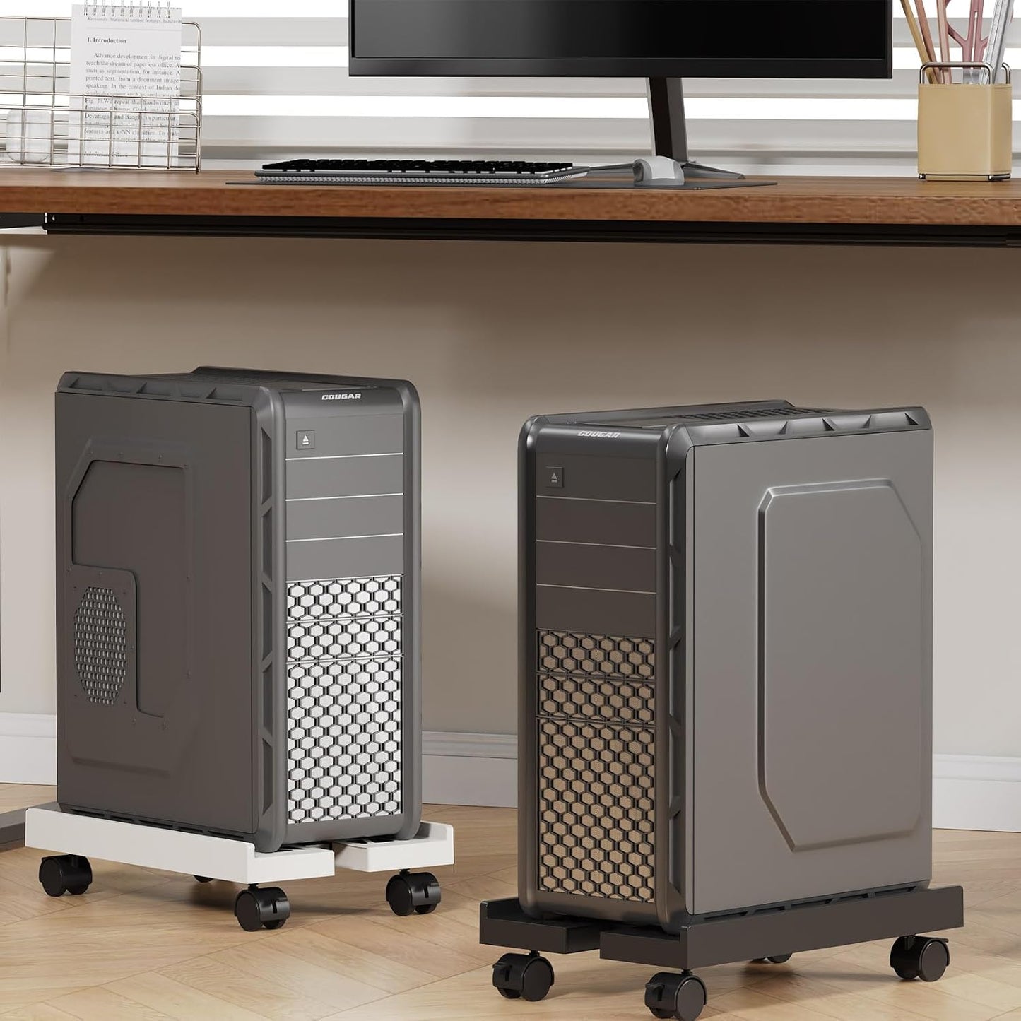 Adjustable Mobile CPU Stand, Ventilated Computer Tower Stand with 4 Caster Wheels Fits Most PC Tower, Under Desk CPU Holder PC Floor Cart Computer Riser for Gamers and Students (White)