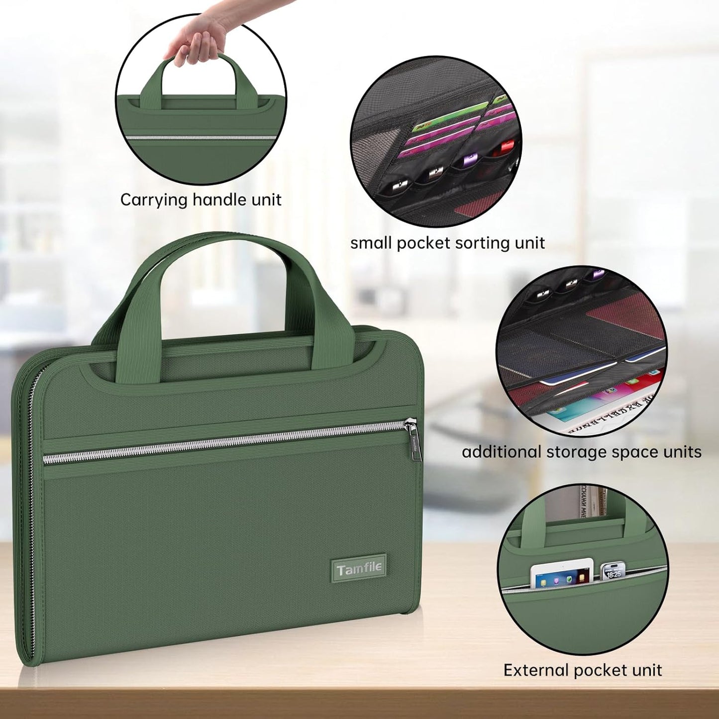 Tamfile Fireproof Accordion File Organizer with Handle, 13 Pocket Expanding File Folder with Zipper & Labels, File Folder with Multi-Pockets Paper Organizer Folder for Letter A4 Files, Green