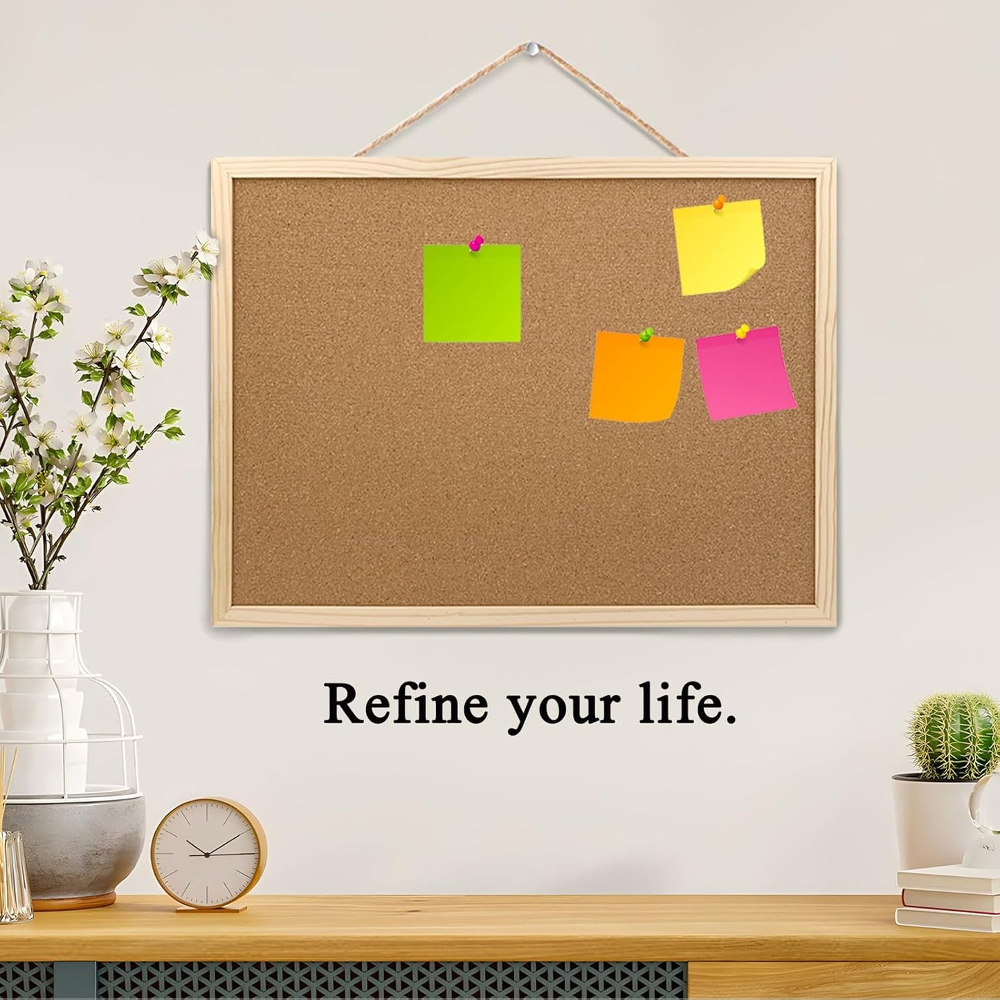 Cork Bulletin Board, 17.7X 13.3 Inches with Oak Wood Finish Frame, Wall Mounted for Office Home and School(Pins, Eye Bolts, gaskets, Screws)