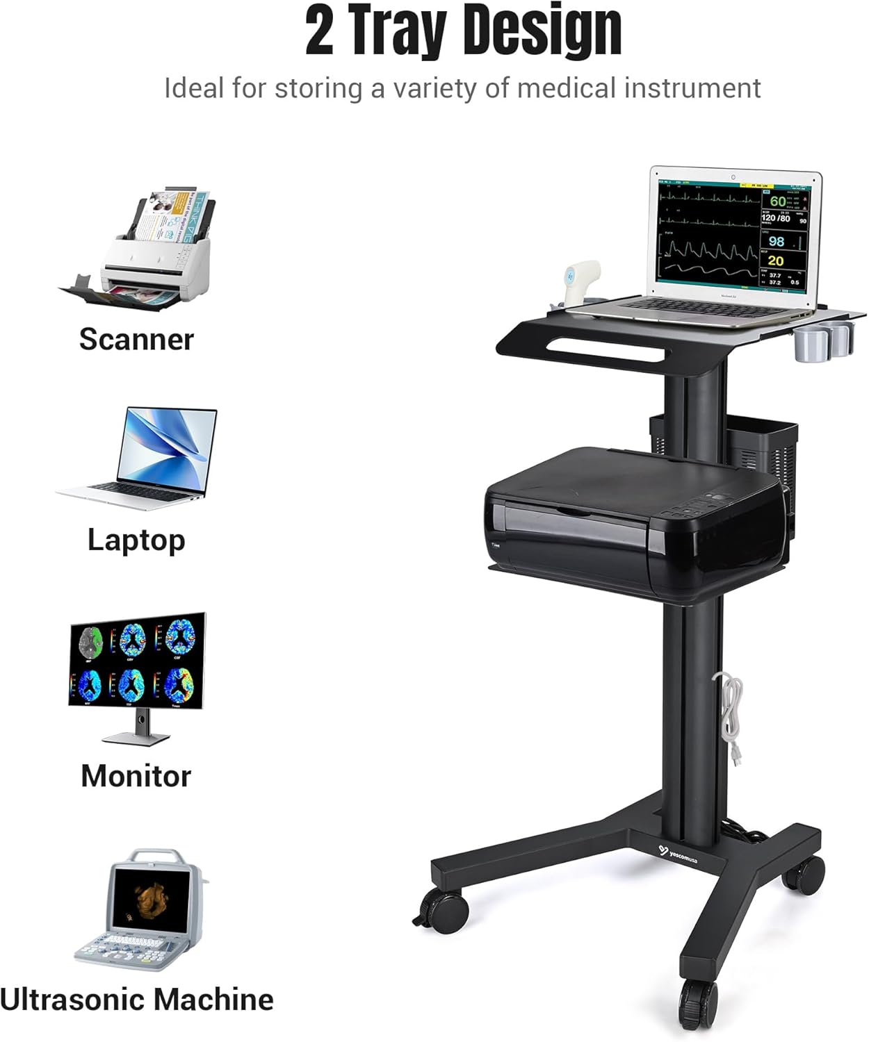 AW Mobile Laptop Cart Medical Rolling PC Stand Computer Workstation on Wheels with Handle 220 Lbs Capacity CPU Printer Power Strip Holder for Lap School Office Salon Spa Dental