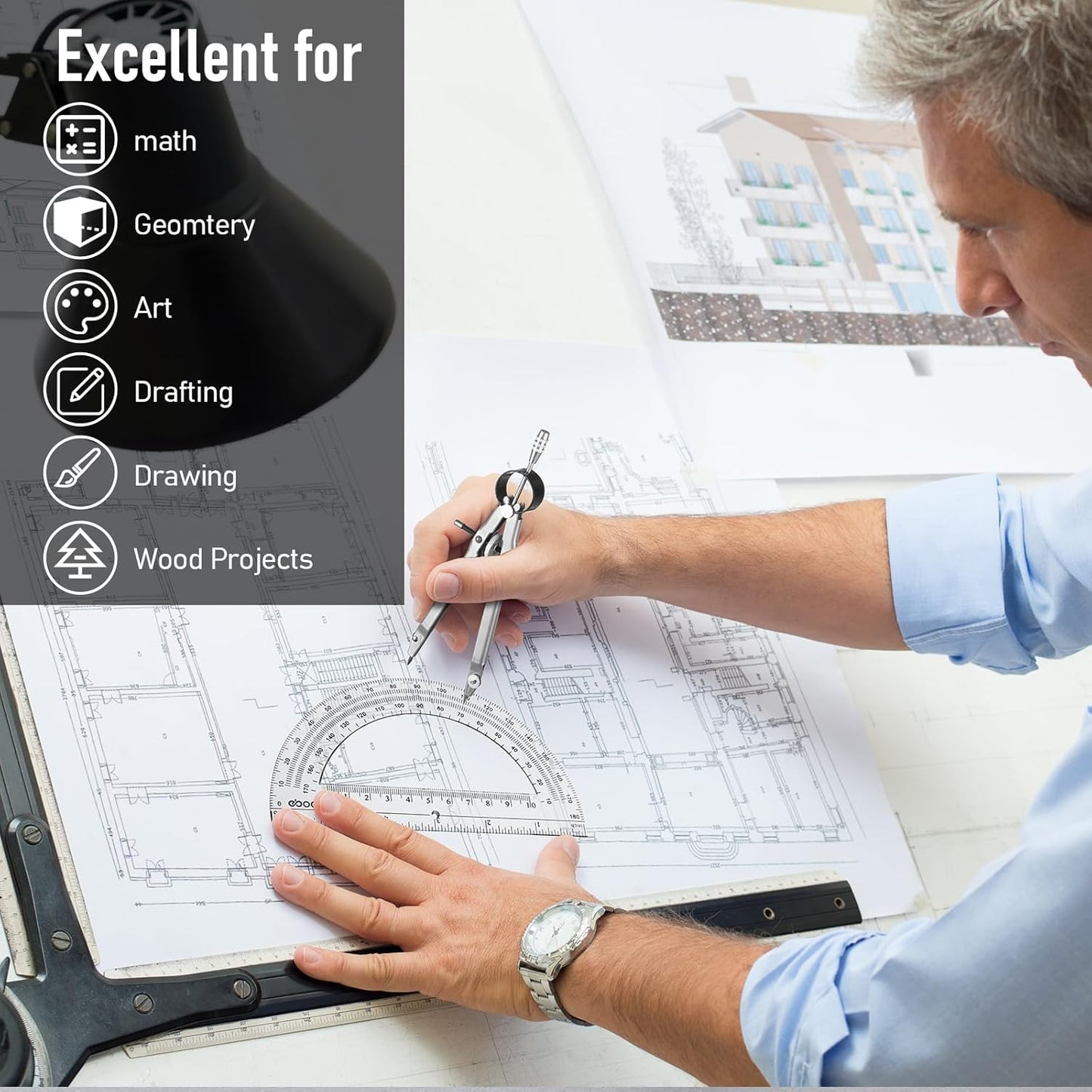 EBOOT Student Geometry Math Set, Drawing Compass and 6 Inch Clear Swing Arm Protractors 180 Degree Math Protractor (Silver)