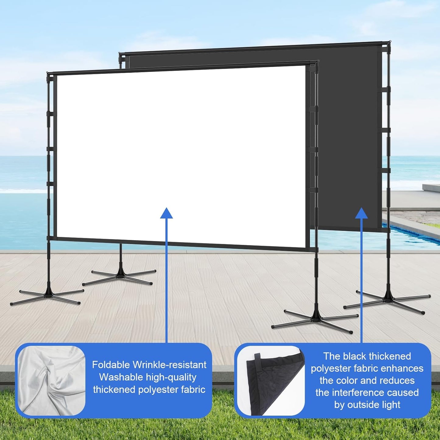 Outdoor Projector Screen and Stand,XINLEMY 100-inch Portable Wrinkle-Free Indoor Projection Screen Foldable Black Backing 16:9 HD Movie Screen Setup Quick for Home Theater Backyard Party Camping