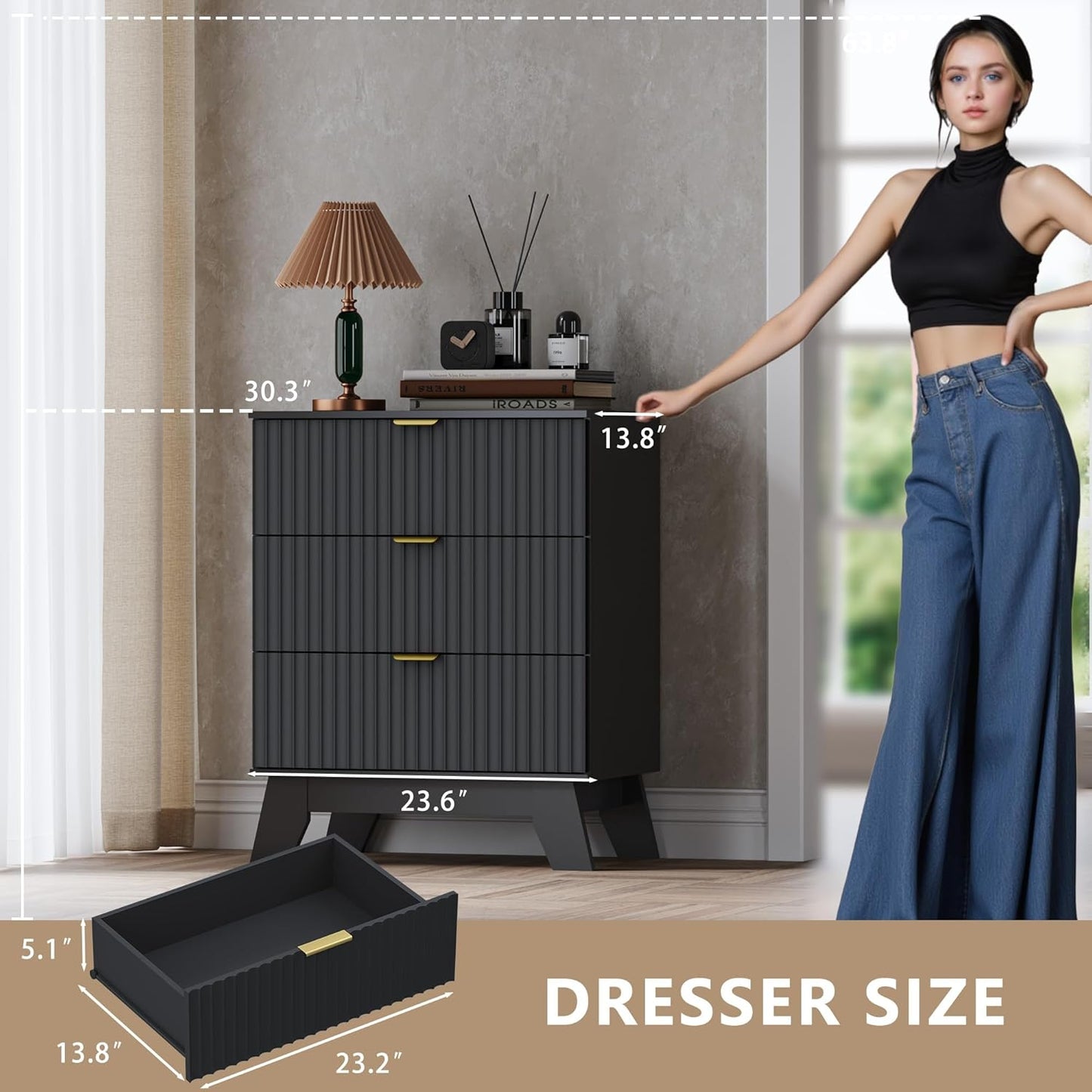 Fluted 3 Drawer Dresser, 30.3" Tall Compact Modern Boho Chest of Drawers, Wooden Storage Cabinet for Bedroom, Living Room, Entryway, Curved Profile Design