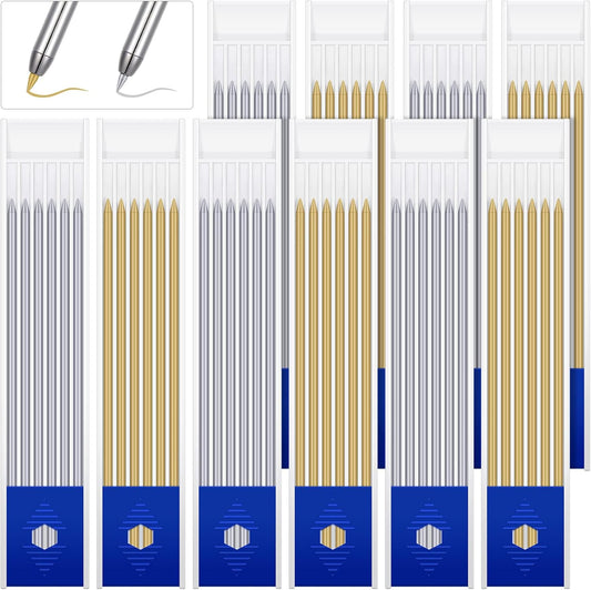 Spakon 60 Pcs 2.8mm Lead Refill Carpenter Construction Pencils Marker Lead Refills Dry Mechanical Woodworking Pencil Tools for Writing Drawing Drafting (Silver,Gold)
