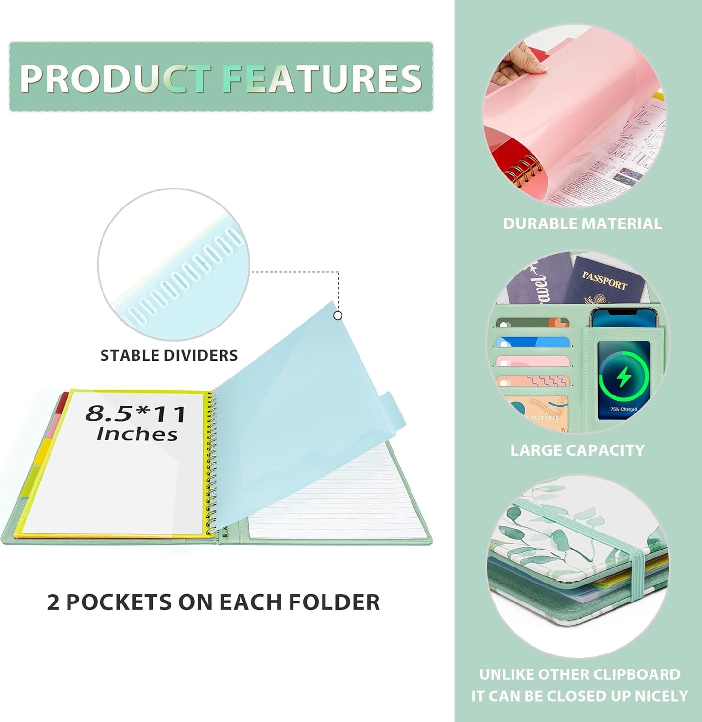 Clipboard with Storage for Men Women, Leather Padfolio Portfolio Organizer 5 Folders with 10 Pockets, Spiral Clipboard Folio with Notepad for Letter Size, Elastic Closure and Pen Loop Green Plants