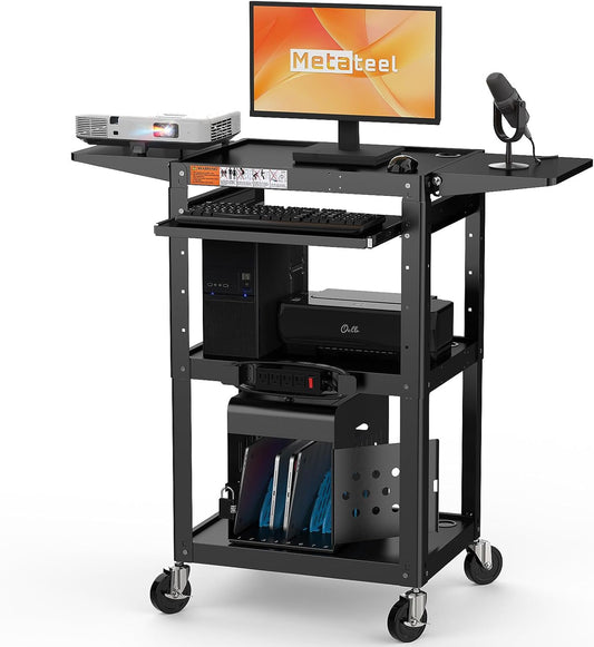 All-Steel Rolling AV Cart with Adjustable Height & Built-in Power – Heavy-Duty Media Workstation with Drop-Leaf Shelves & Wheels for Projectors, Laptops, Printers – Classroom, Office & Studio, Black
