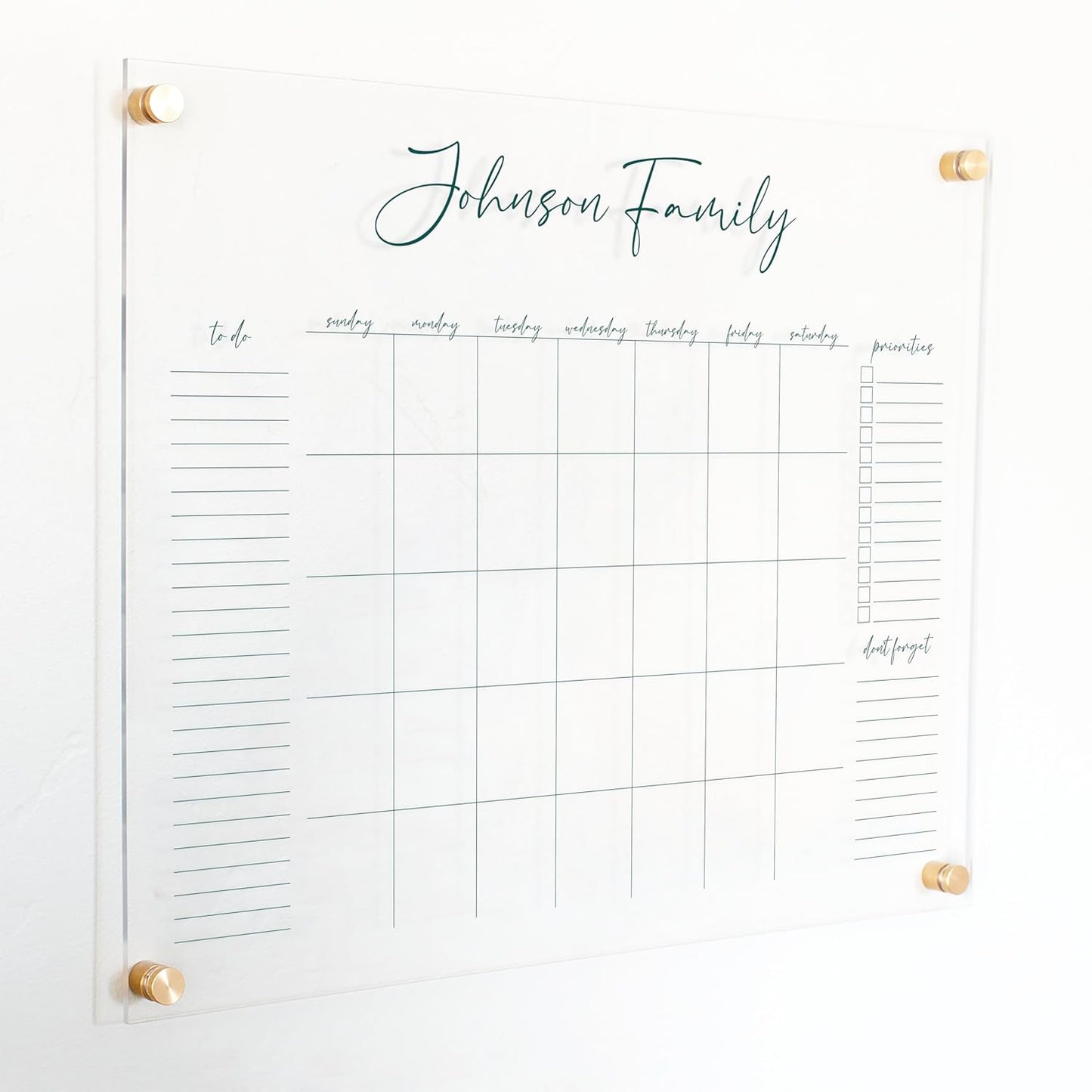 Personalized Clear Acrylic Calendar for Wall, Calendar Whiteboard for Wall, Dry Erase Wall Calendar, Wall Calendar Organizer System for Home (Cursive, Jade, 23"W x18.5"H)