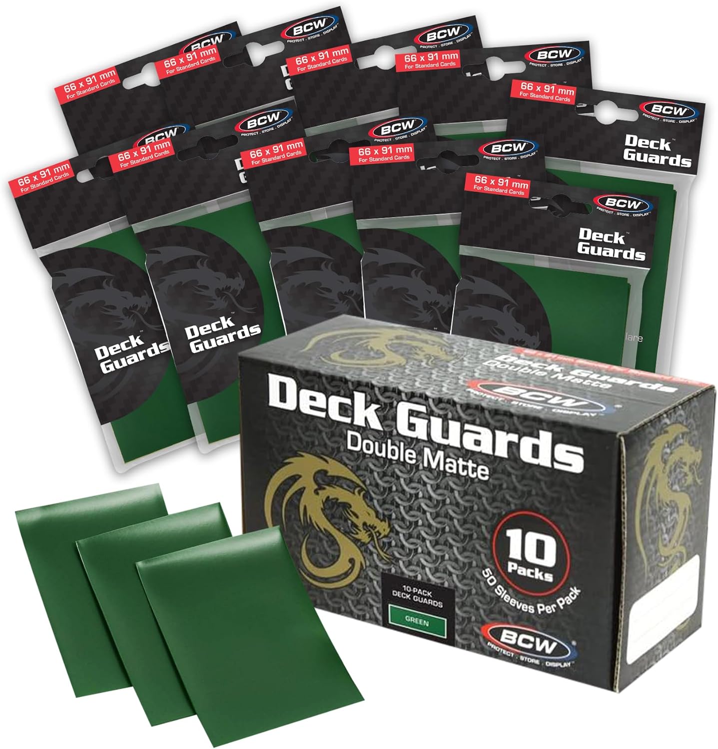 BCW Deck Guard - Double Matte Card Sleeves | 500 Count Box (10 Packs of 50 Sleeves) |Acid-Free, No PVC | Fits 2.5" x 3.5" Game Cards | Archival Safe Sleeves for Card Protection (Green)