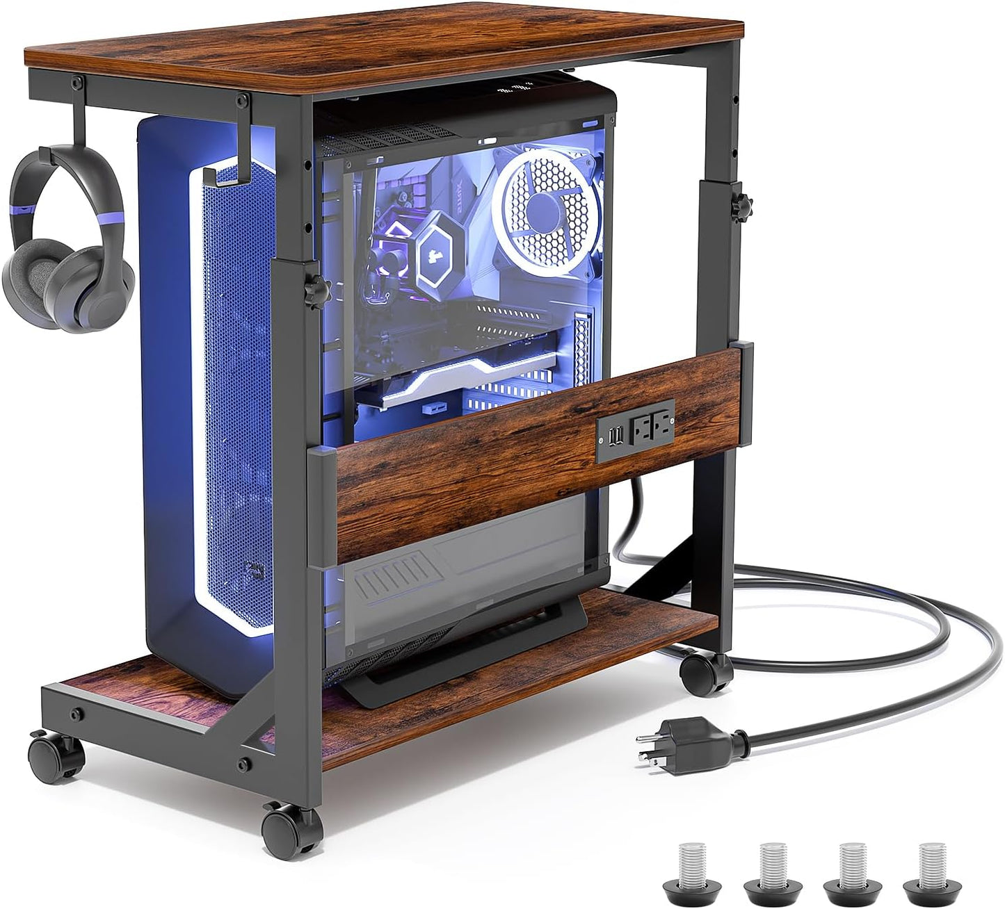 Height Adjustable Computer Tower Stand with Charge Station and USB Charging Port, 2-Tier ATX-Case Cart, Under Desk Mobile PC Stand, CPU Holder Cart with Locking Caster Wheels for Fits Most PC