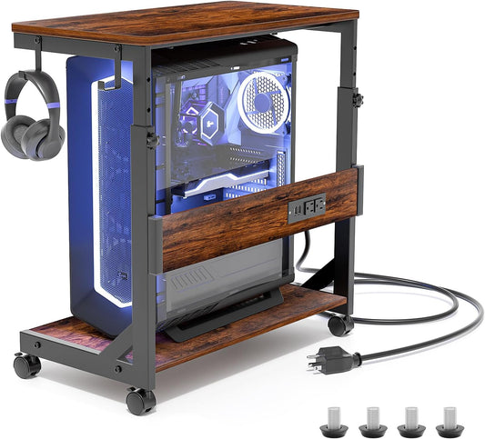 Height Adjustable Computer Tower Stand with Charge Station and USB Charging Port, 2-Tier ATX-Case Cart, Under Desk Mobile PC Stand, CPU Holder Cart with Locking Caster Wheels for Fits Most PC