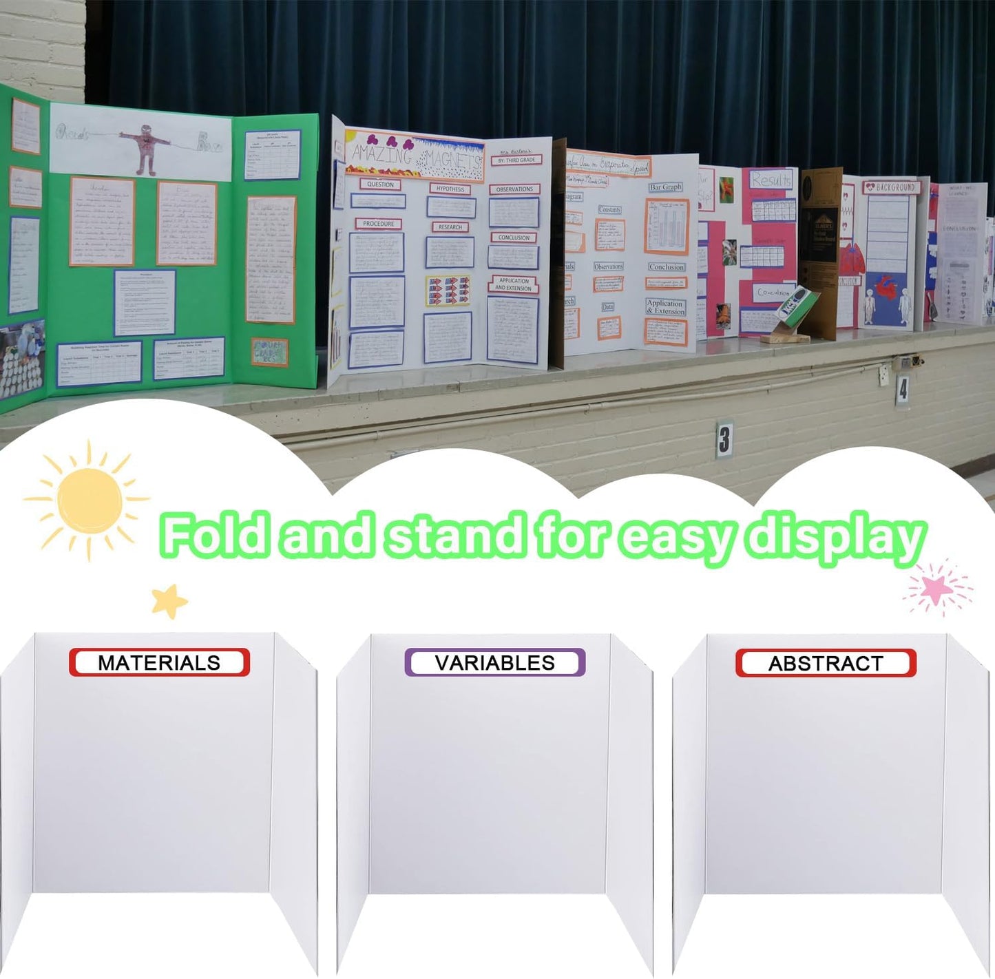 Trifold Display Boards with Colorful Self-Adhesive Sheets – 24 x 16 Inch Tri-Fold Corrugated Presentation Boards for Science Fairs, Complete Poster Board Kit