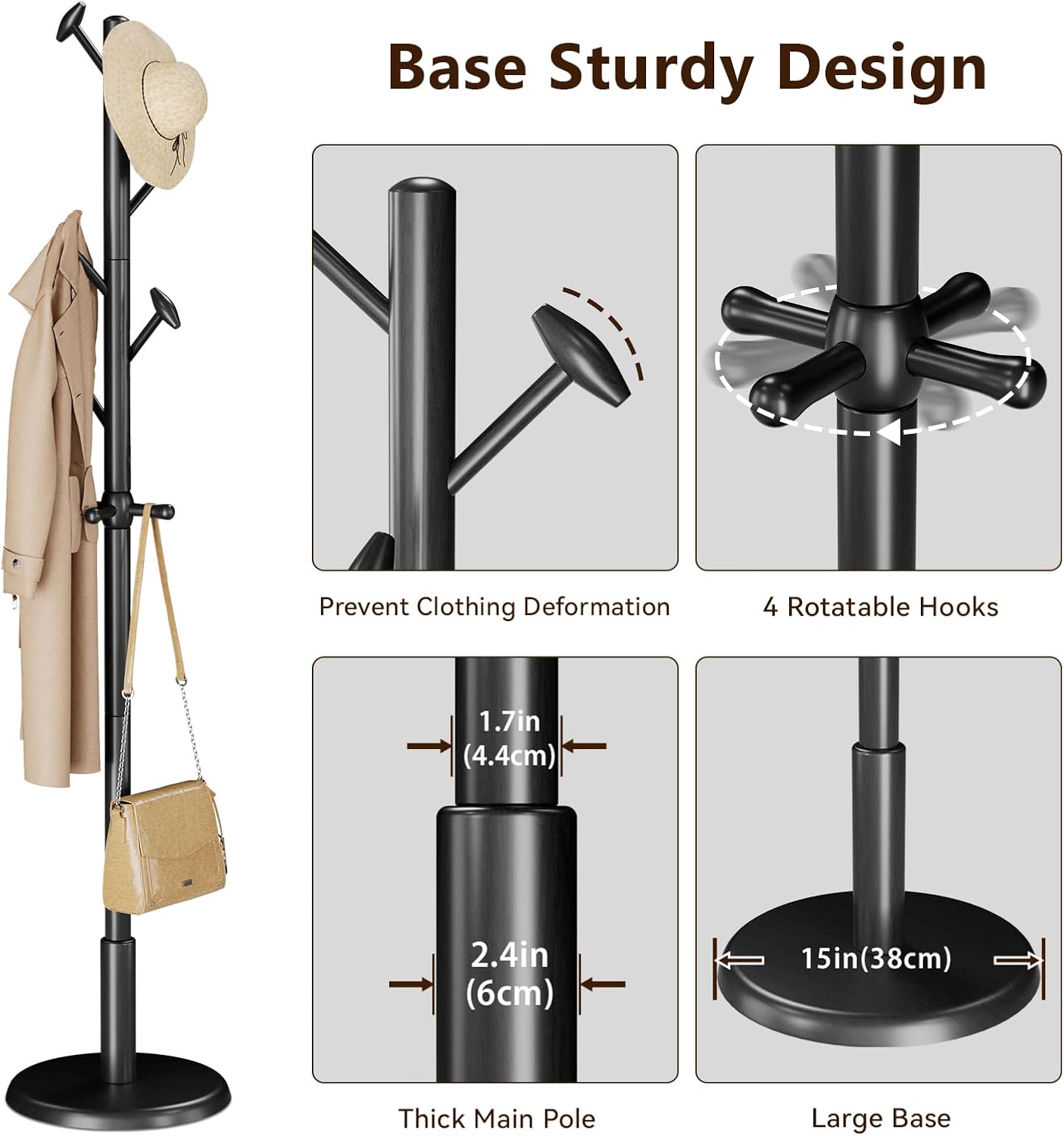 Solid Wood Coat Rack Freestanding Coat Tree with 10 Hooks for Bedroom, Livingroom, Entryway, Sturdy Coat Hanger Stand for Hats, Coats, Scarves, Handbags, Purses