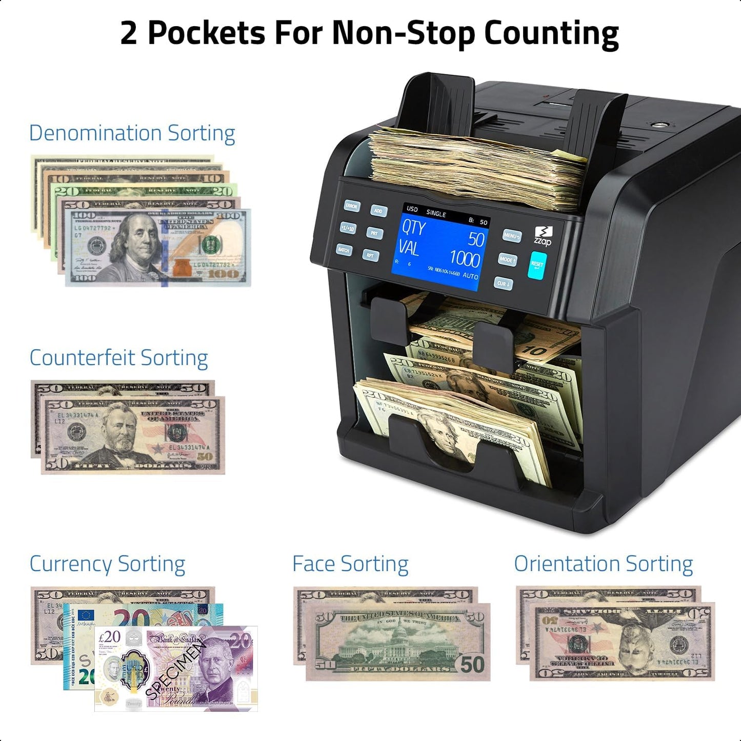 ZZap NC70 Mixed Denomination Bill Counter/2 Pocket Sorter/Counterfeit Detector - Money Cash Value Currency Machine