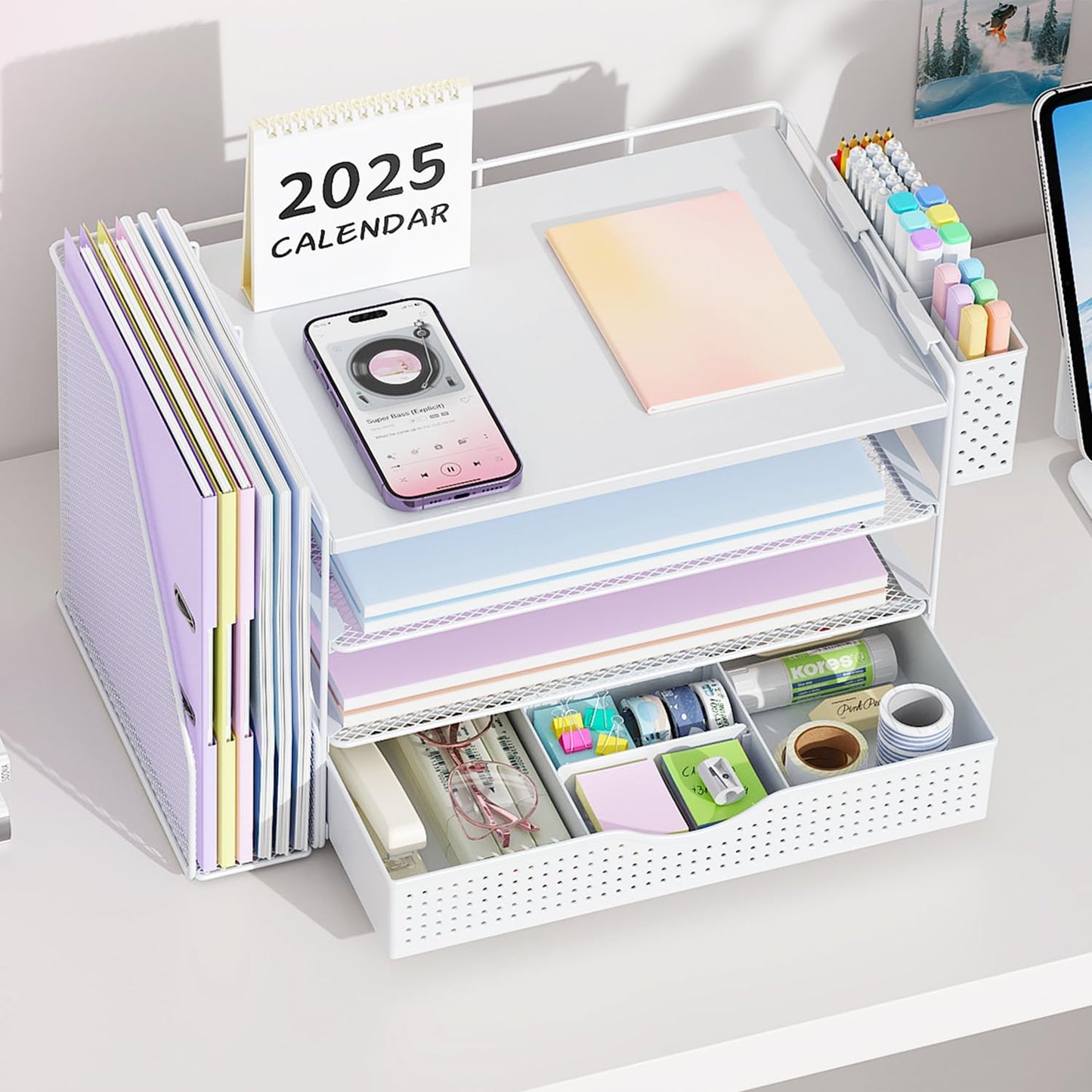 Wood Desk Organizers and Accessories with File Holder, 4-Tier Desk Accessories & Workspace Organizers with Drawer and Pen Holder, Paper Organizer for Office Supplies (White)