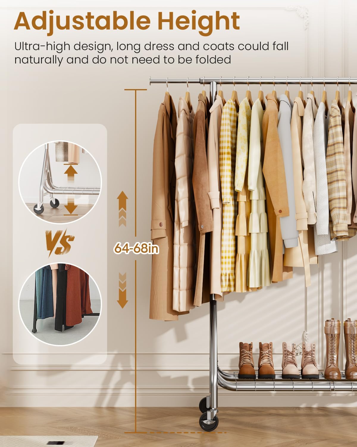 Heavy Duty Clothing Rack, Metal Clothes Rack Load 450 LBS, Rolling Coat Racks for Hanging Clothes with Lockable Wheels, Wardrobe Closet Garment Racks for Bedroom, Silver