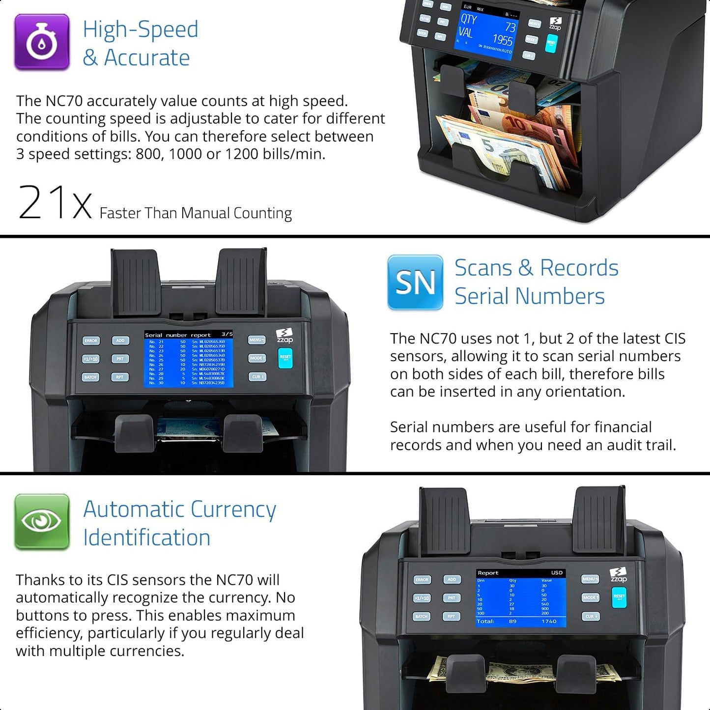 ZZap NC70 Mixed Denomination Bill Counter/2 Pocket Sorter/Counterfeit Detector - Money Cash Value Currency Machine