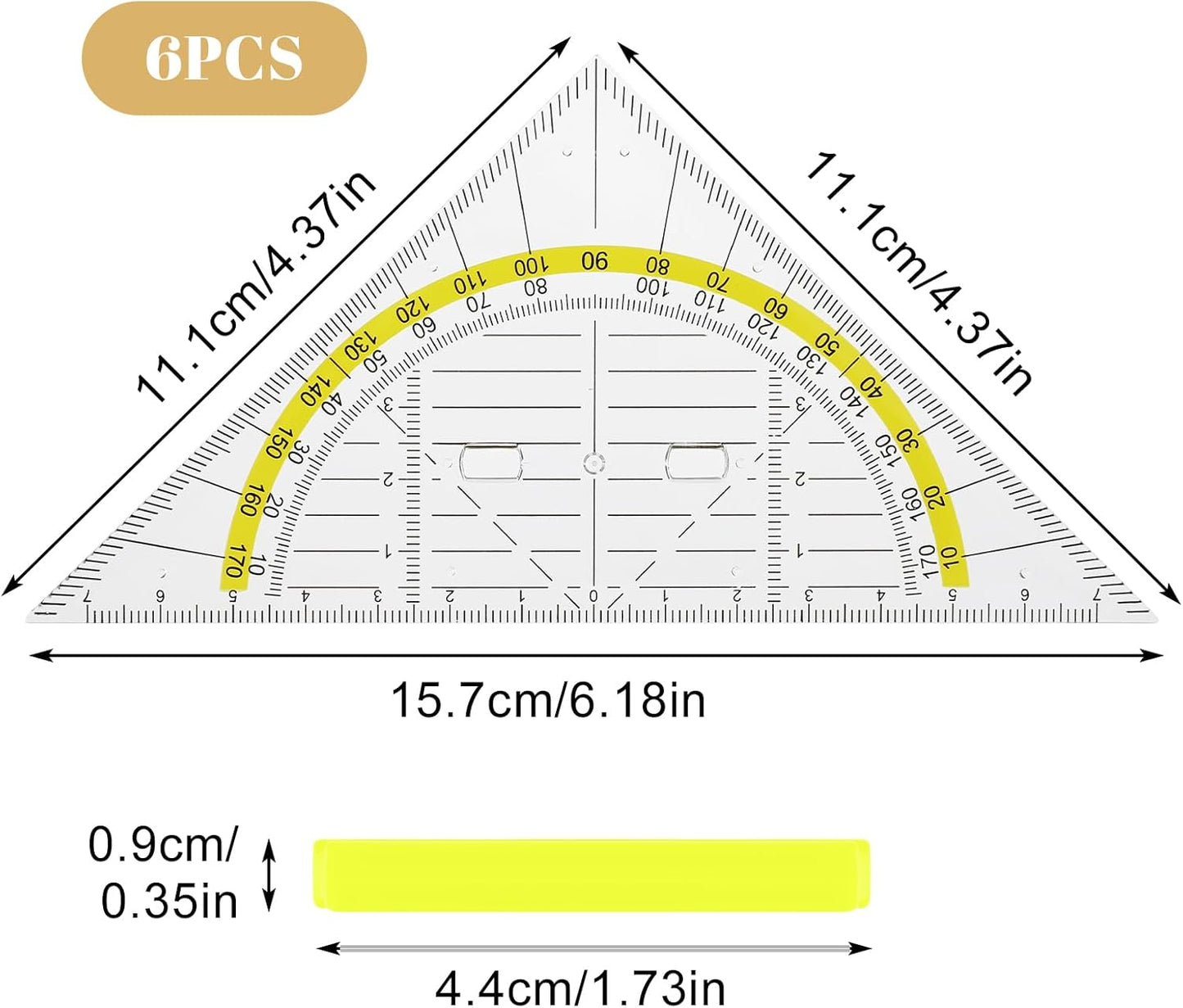 6PCS Triangle Ruler with Handle, Transparent Plastic Protractor Geometry Math Ruler Measuring Tool for Students Office Designers Painting Drafting