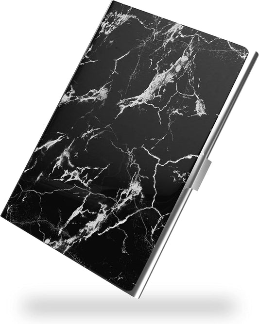 Business Card Metal Slim Organizer, Professional Stainless Steel Square Pocket Wallet for Office Workers, Compact and Portable for Pockets (Black Marble