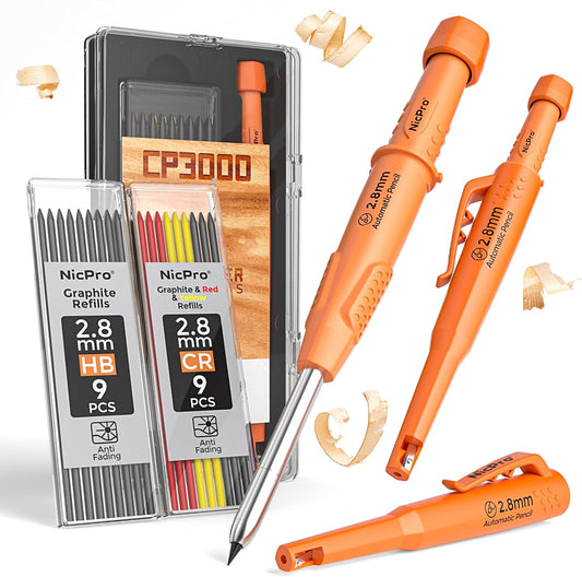 Nicpro CP3000 Carpenter Pencil with Sharpener, 2.8mm Mechanical Pencils with 19 Refill, Deep Hole Marker for Construction, Heavy Duty Woodworking Pencil, Carpenter Tools for Architect Marking (Orange)