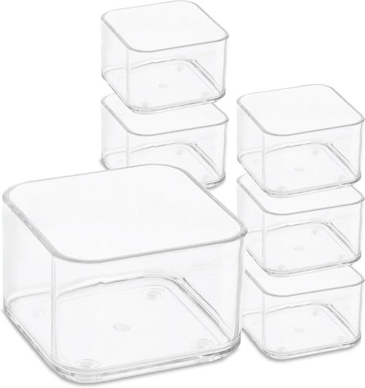 Plastic Clear Acrylic Drawer Organizers. Bathroom, Kitchen, Bedroom, Utensils, Office Organizer Bins, Storage Trays. Heavy Duty, Stackable. 3" x 3" x 2" Set of 6