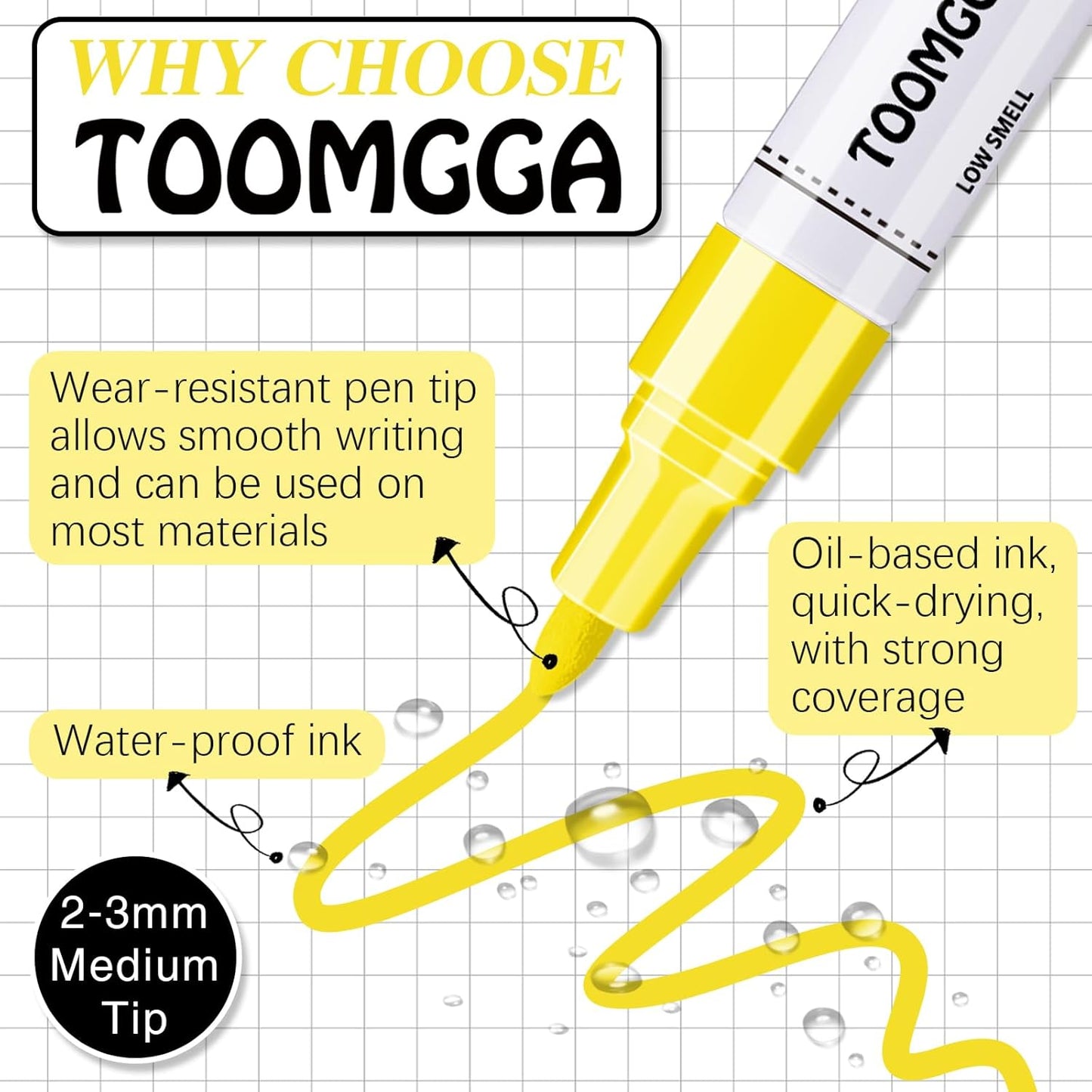 Yellow Permanent Paint Pens Paint Markers - 2 Pack Oil Based Markers, Quick Drying and Waterproof Marker Pen, Car Tire, Metal, Rock Painting, Wood, Ceramic, Plastic, Canvas, Mugs, Medium Tip