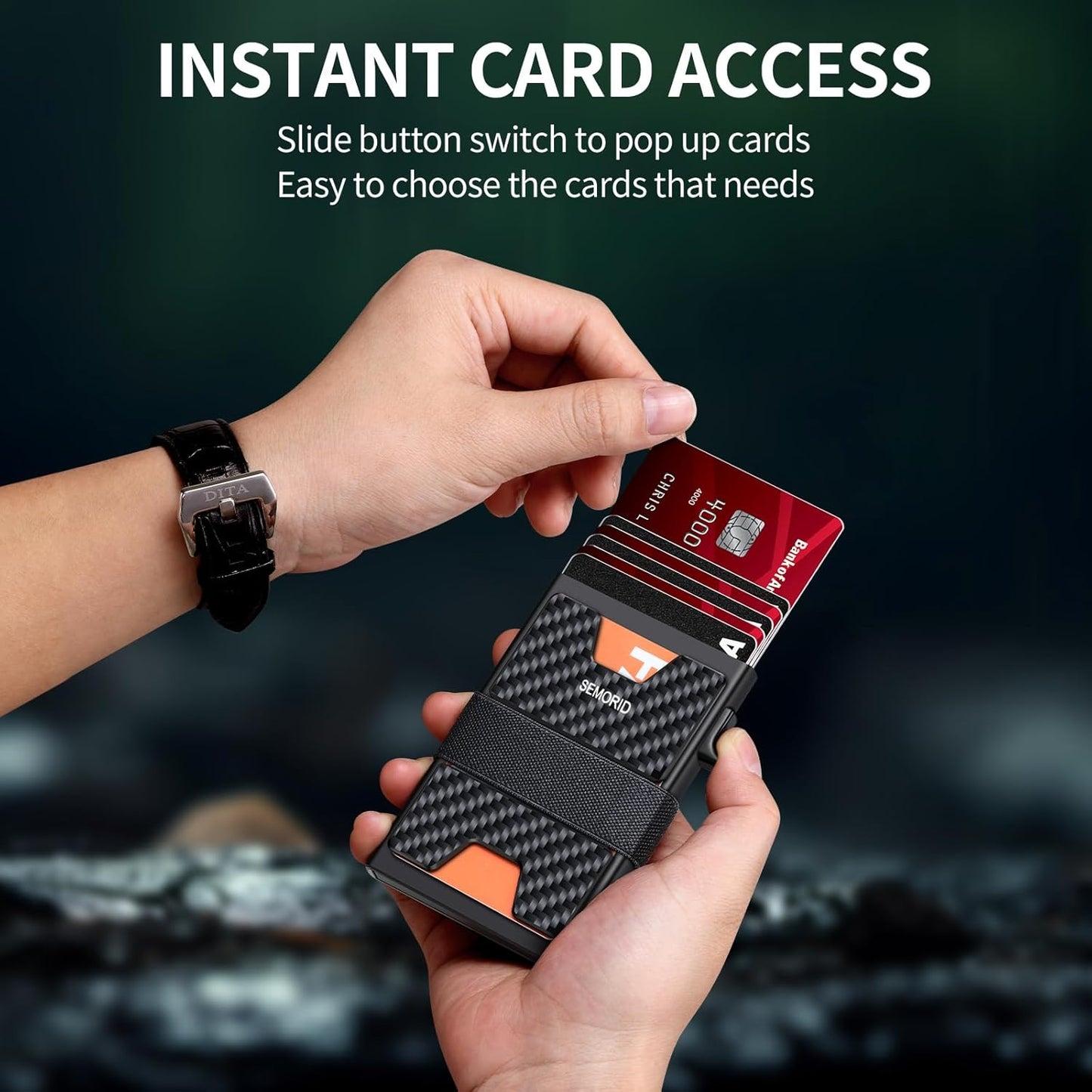 Slim Wallet for Men, Minimalist RFID Blocking Mens Wallet with Pop Up Case, Thin Metal Credit Card Holder with Cash Strap & Expandable Backplate - Holds 12 Cards