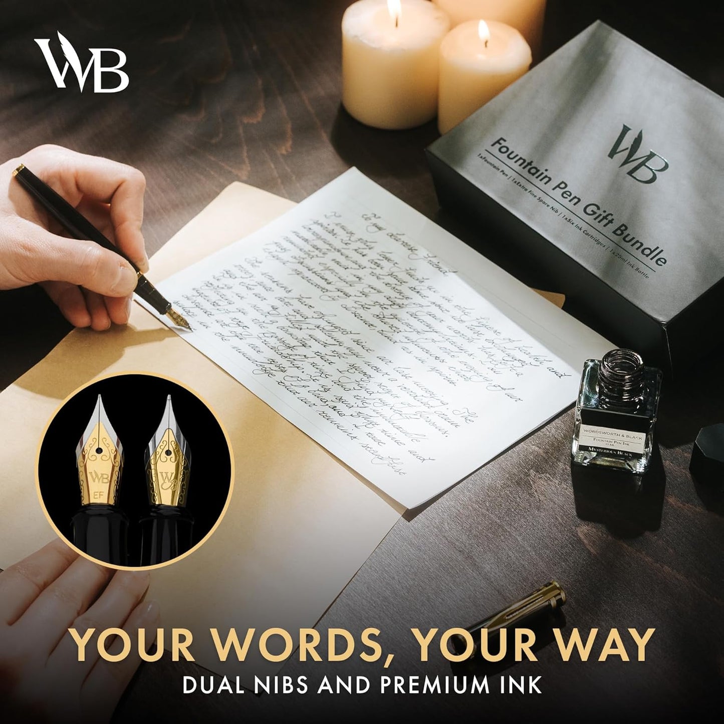 Wordsworth & Black Fountain Pen Set,18K Gilded Medium and Extra Fine Nib,25MLBlack Ink Bottle,6 Ink Cartridges,Refill Converter,Gift Box,Smooth Writing Pens [Black Gold],Gift Set for Men and Women