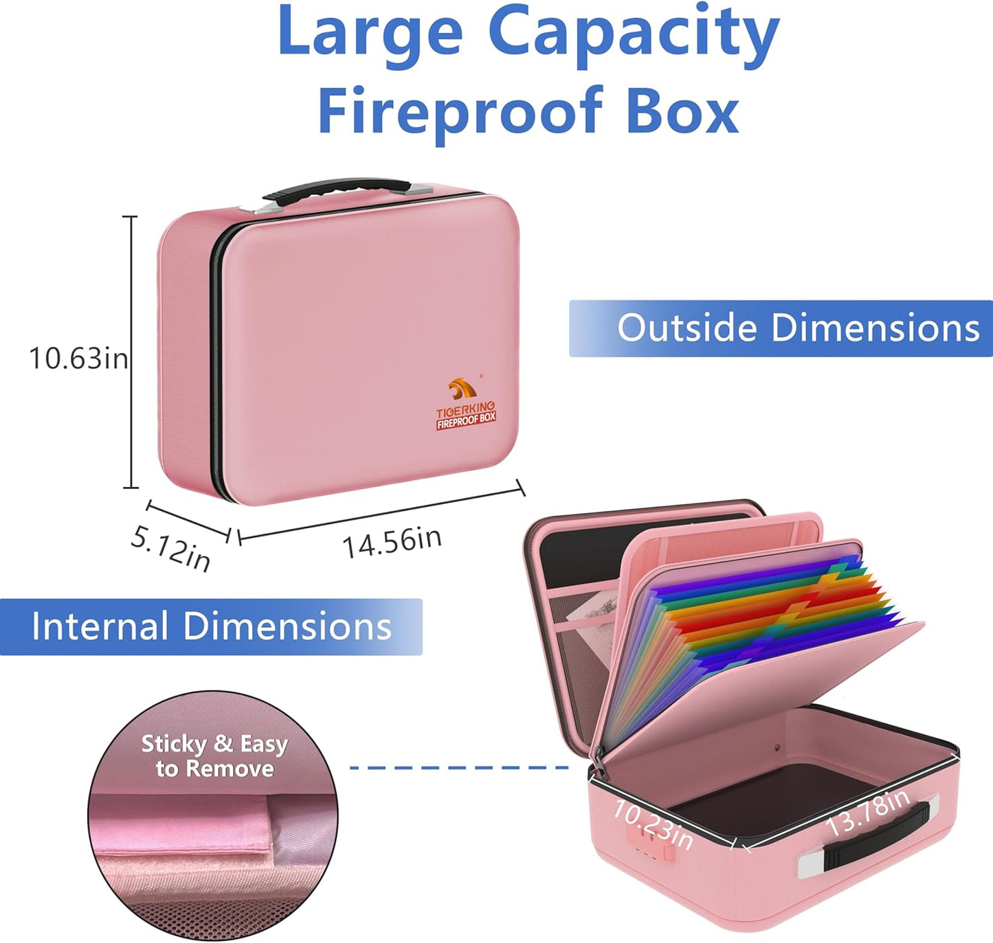 TIGERKING Fireproof Document Box Hard Case with Water-Resistant Zipper, Fireproof File Box with Lock, Document Safe Boxs for Important Documents, Certificates - Pink File Organizer