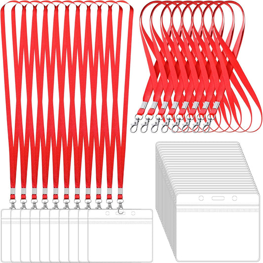 100 Pack Lanyards for ID Badges with Clear Name Tags, Reusable Lanyards Horizontal ID Card Badge Holders Plastic Name Badges for Men Women Kids Business School and Office Supplies (Red)