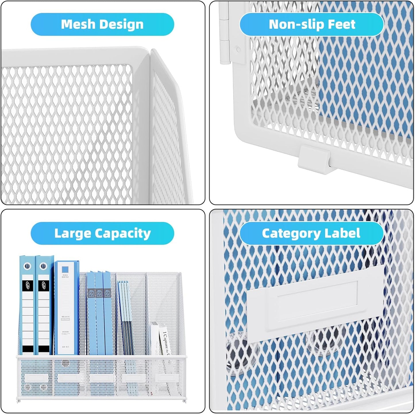 Marbrasse File Organizer for Desk,Desk File Organizer with 5 Vertical Compartments Mesh Magazine File Holder for Office Home School