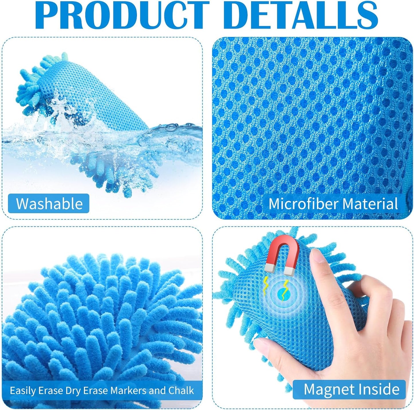 Sherr 24 Pcs Magnetic Whiteboard Eraser School Erase Erasers Microfiber Washable White Board Eraser for Chalk Classroom Home Office(Blue)