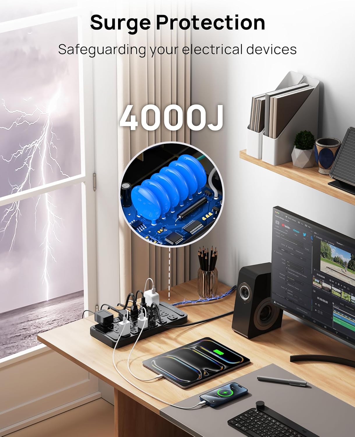 TROND Surge Protector Power Strip 360° Rotating Flat Plug, 24 AC Outlets, 4000 Joules, 6ft Heavy Duty Extension Cord 1875W, ETL Listed, Ideal for Gaming Office Home Dorm Room Essentials Black