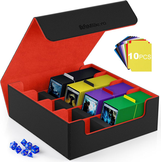 Mlikero Card Deck Case, 2400+ Trading Card Storage Box with 10 Colorful Dividers and 4 Foam Stoppers, Leather Magnetic Closure Commander Deck Box Fit for MTG, TCG (4 Rows, Black&Red)