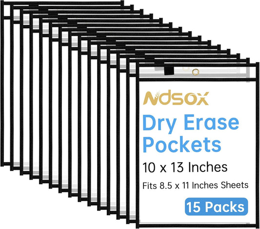 Ndsox 15 Packs Oversized Dry Erase Pockets Reusable Plastic Sleeves Clear Job Ticket Holders Heavy Duty Transparent Hanging Sheet Protectors for Teacher Classroom School Office Work Warehouse, Black