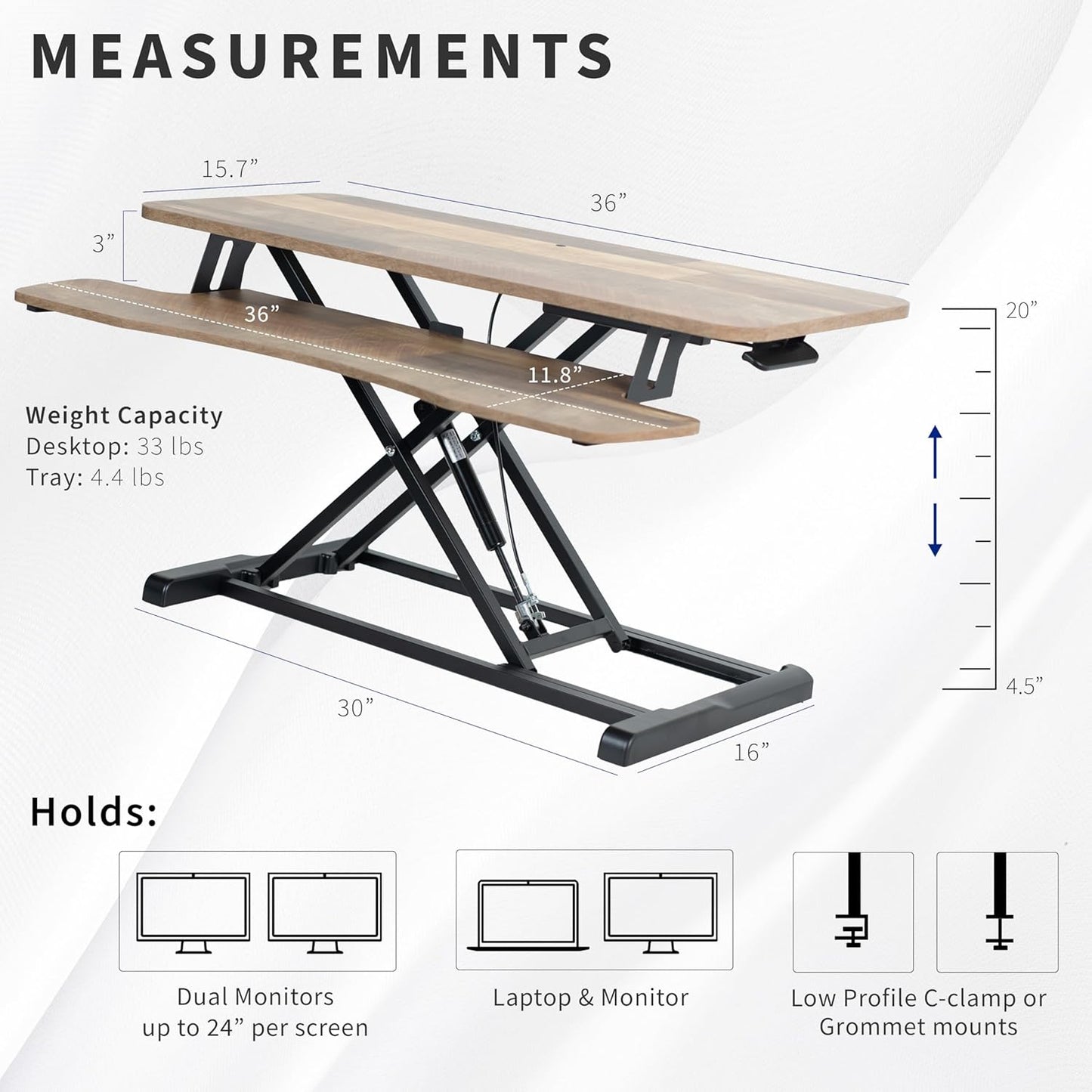 VIVO 36 inch Desk Converter, K Series, Height Adjustable Sit to Stand Riser, Dual Monitor and Laptop Workstation with Wide Keyboard Tray, Reclaimed Wood Top, Black Frame, DESK-V036KP