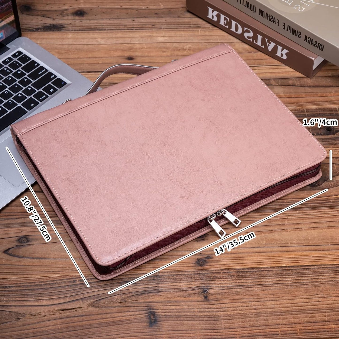 Vegan Leather Portfolio 3 Ring Binder with Clipboard, Hidden Handle, 8.5 x 11 Zippered Padfolio, Business Organizer Professional Executive Folio for Women, Pink