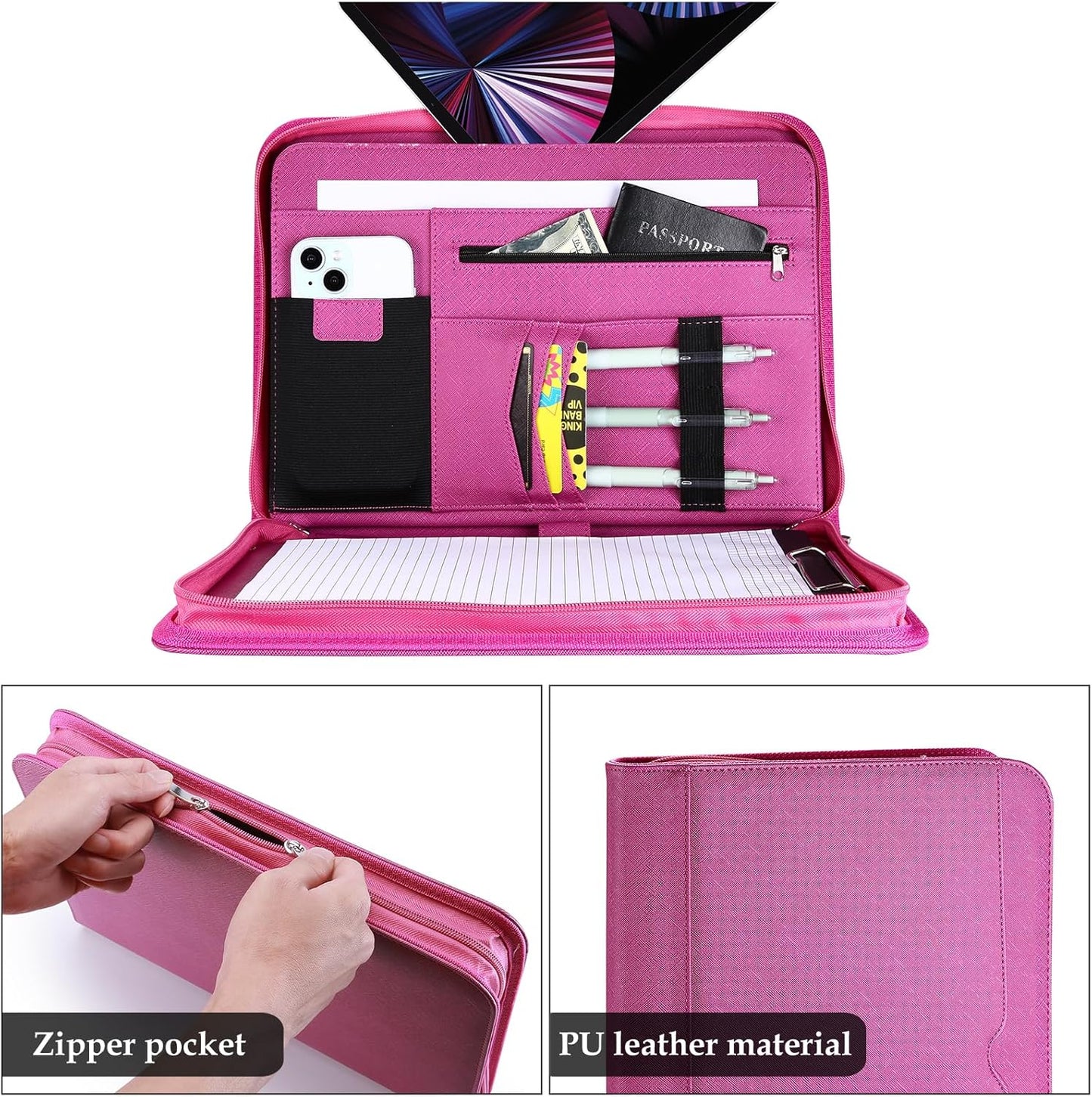 ProCase Portfolio Business Padfolio Folder with Zipper, Conference Meeting Executive File Legal Document Organizer with Pockets Letter Size A4 Writing Pad Notepad Padfolio -Magenta