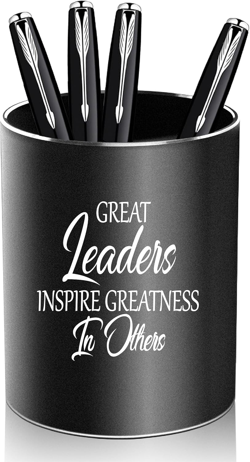 Leader Gifts,Metal Pen Holder Aluminum Pencil Holder for desk,Round Desktop Organizer and Black Pencil Cup for Office, School, Home and Stationary Supplies