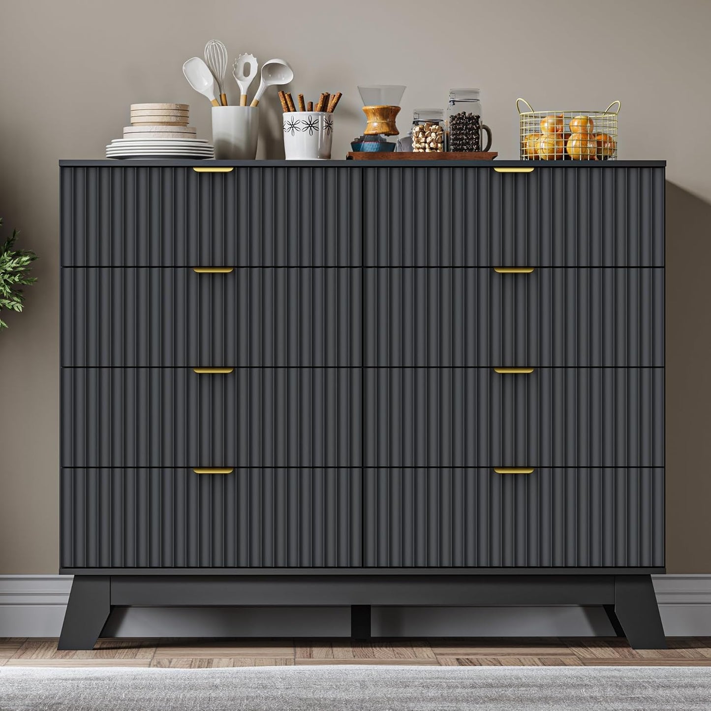 Fluted 8 Drawer Tall Dresser, 47.2" Wide Modern Boho Chest of Drawers, Wooden Storage Dresser TV Stand for Bedroom, Living Room, Closet, Hallway, Curved Profile Design