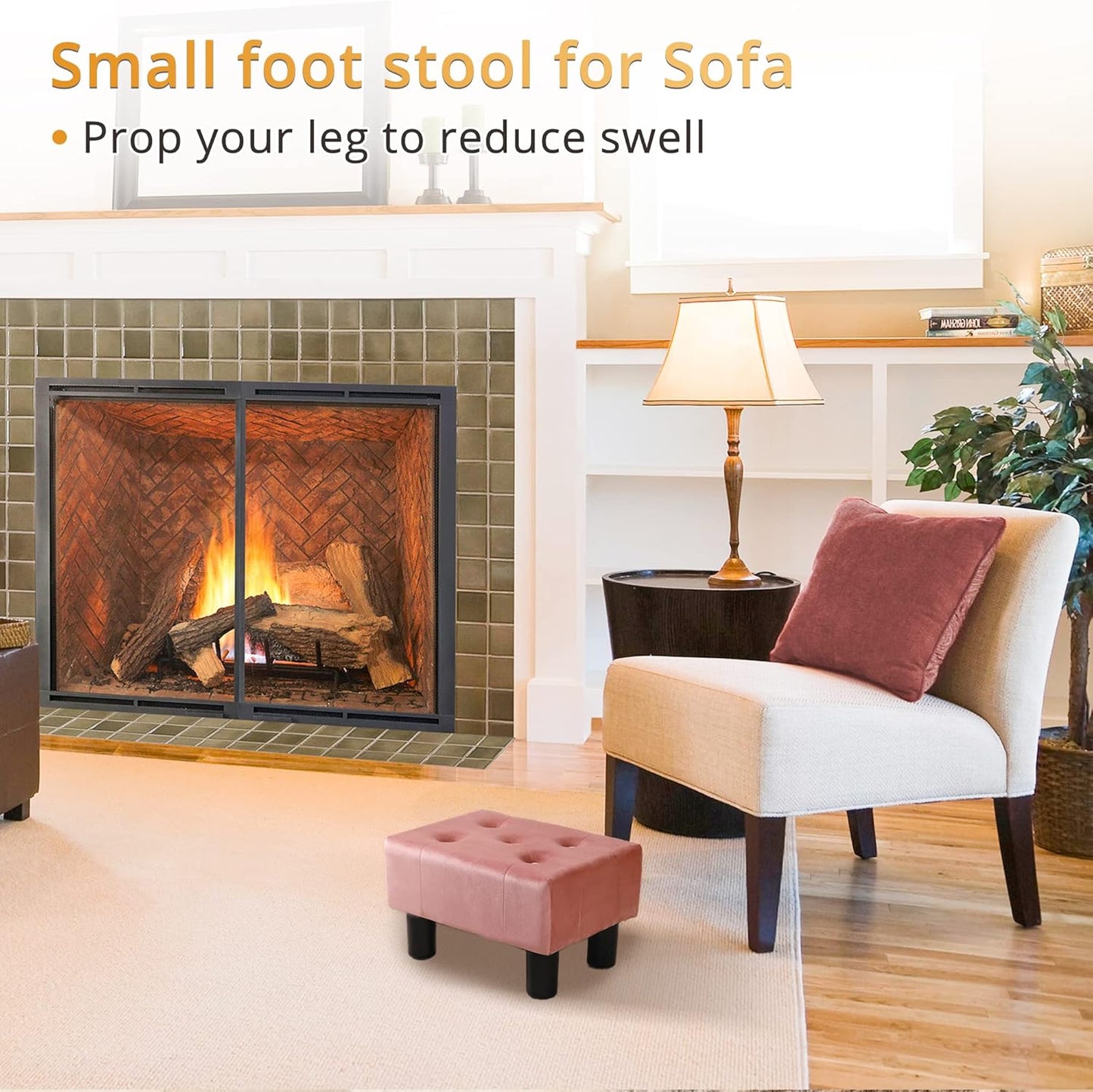 LUE BONA Small Foot Stool Ottoman, Velvet Tufted Footrest with Plastic Legs, 9''H, Rectangle Foot Stools for Adult with Non-Slip Pads, Footstool for Living Room,Couch, Pink