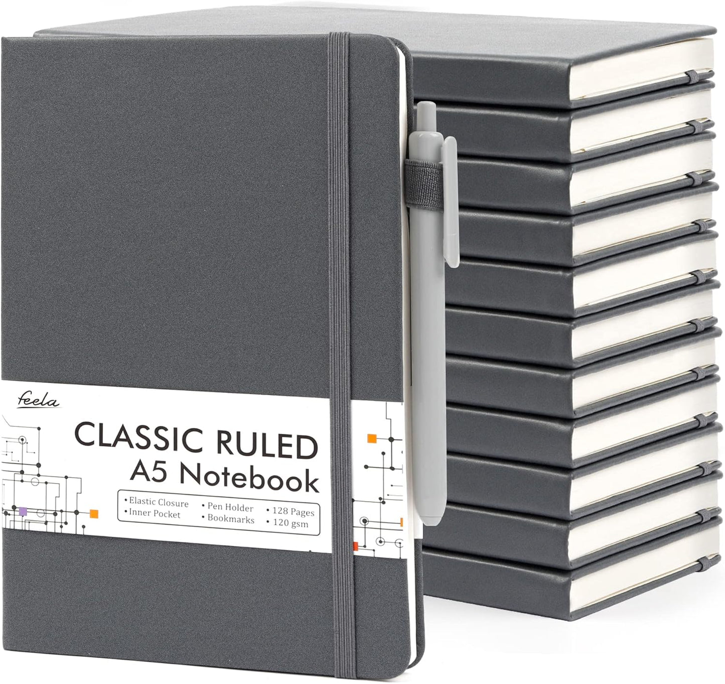 12 Pack Notebooks Journals Bulk with 12 Black Pens, Feela A5 Hardcover Notebook Classic Ruled Journal Set with Pen Holder for School Business Work Travel Writing, 120 GSM, 5.1”x8.3”, Gray