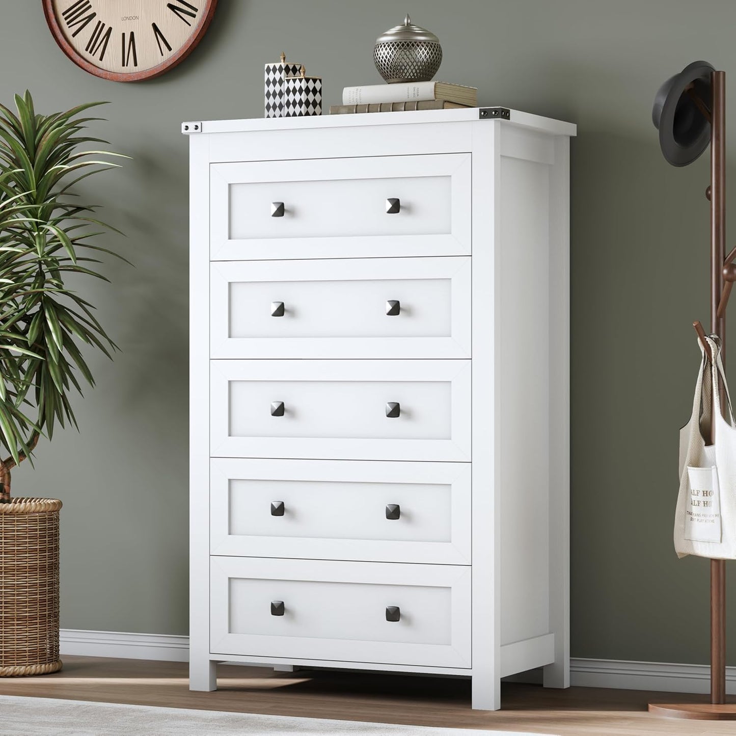 Tall 5-Drawer Dresser, Modern Wooden Storage Chest of Drawers, Dresser TV Stand, Wood Drawer Organizer with Metal Handles for Bedroom, Living Room, Hallway