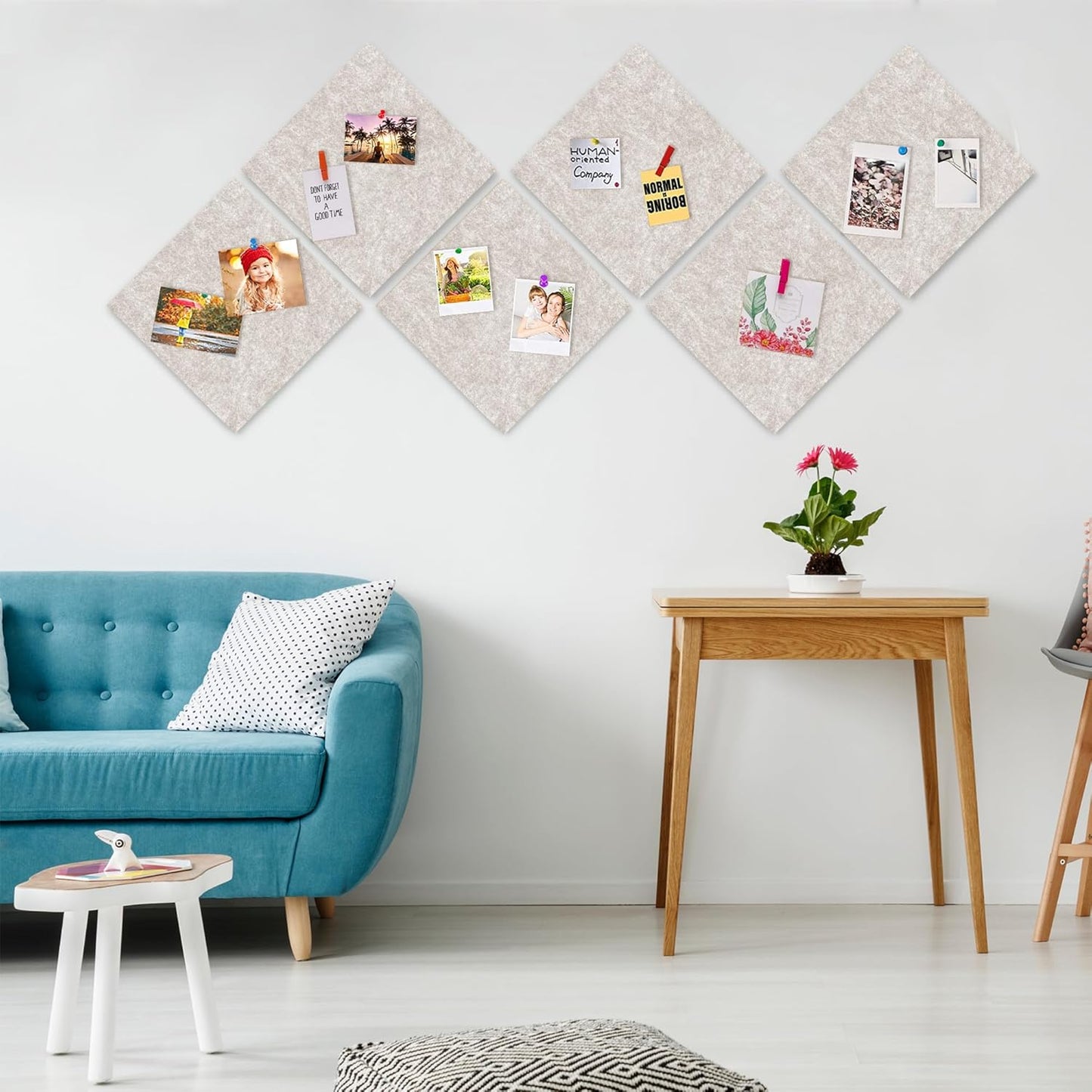 AKTOP Cork Bulletin Board 12x12, 1/2" Thick Felt Cork Board Tiles 6 Pack, Small Square Pin Board for Wall, Self Adhesive Corkboards with 60 Push Pin Wood Clips for School, Home & Office, Latte