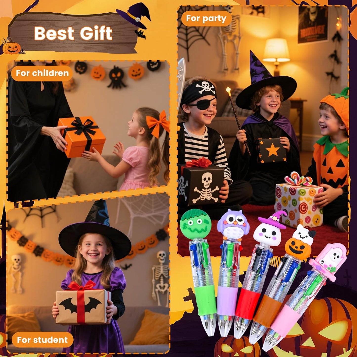 LiYiQ Halloween Colorful Multicolor Pen in One Cartoon Cute Fun 4-in-1 Cute Pens Bulk Kawaii Pumpkin Ghost Bat Shape Cool Ballpoint Pens for Kids Fun Gifts (25)