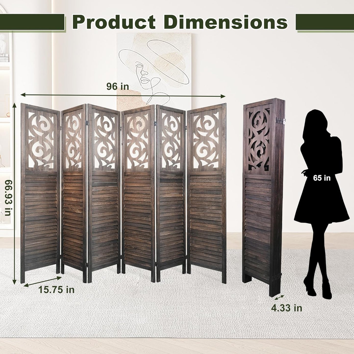 NicBex 6 Panel Room Divider 5.6FT Wood Carved Room Dividers, Folding Privacy Screens Portable Freestanding Partition Wall Dividers for Home Bedroom Office, Rustic Brown