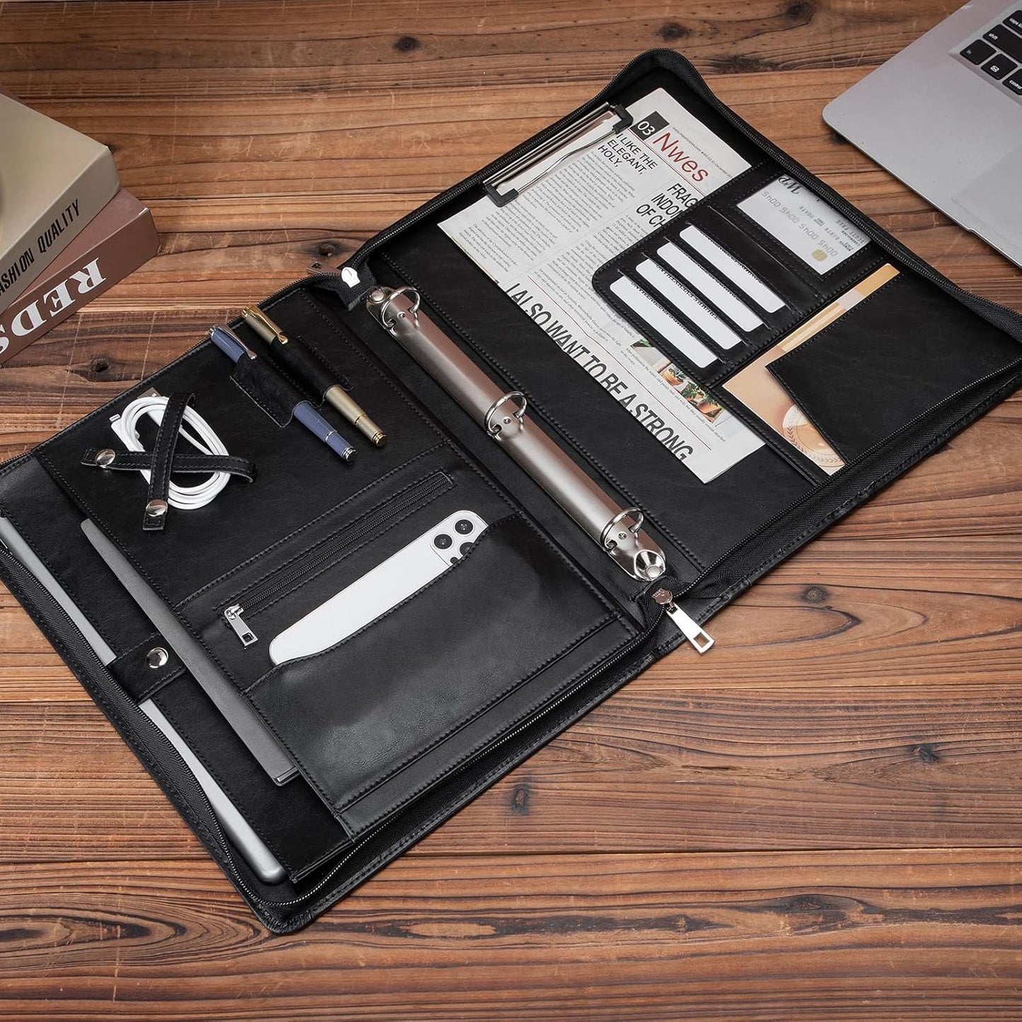 Vegan Leather Portfolio 3 Ring Binder with Clipboard, Hidden Handle, 8.5 x 11 Zippered Padfolio, Business Organizer Professional Executive Folio for Men and Women, Black
