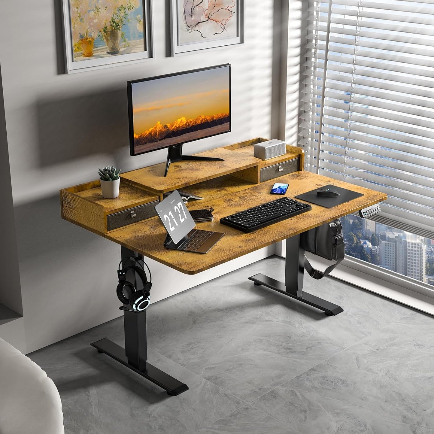 48 x 30 Inch Electric Standing Desk with 2 Drawers, Adjustable Height Widened Stand Up Desk with Storage, Sit to Stand Ergonomic Workstation for Home Office, Rustic Brown